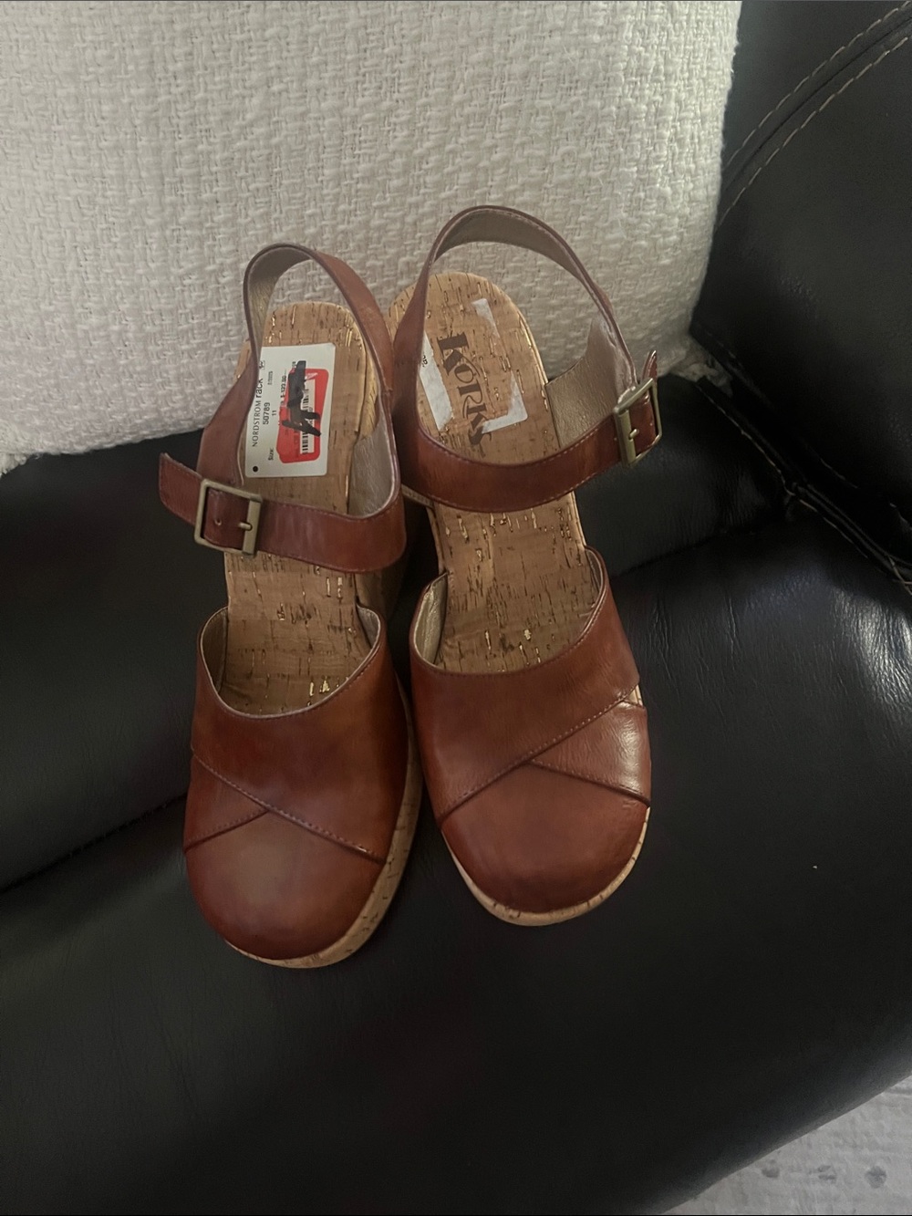 Kork-Ease Brown Leather Cork Wedge Sandals with Ankle Strap